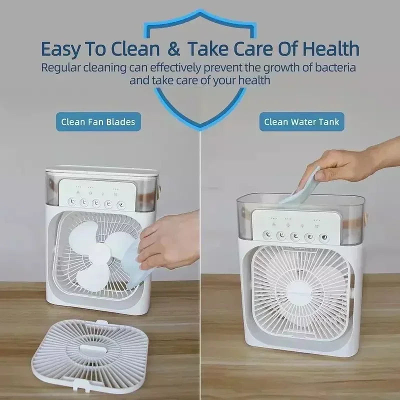 Ventilador 3 en 1, aire acondicionado pequeño para el hogar, enfriador de aire con luz LED nocturna, humidificador portátil, ventilador de ajuste de aire para oficina y hogar.