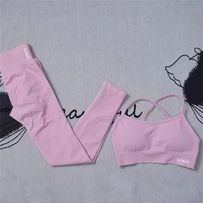 Conjunto de 2 piezas de yoga para mujer, leggings de cintura alta sin costuras, sujetador deportivo, ropa de entrenamiento, ropa deportiva para correr