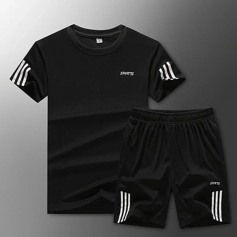 Conjunto de ropa deportiva de verano para hombre, camiseta y pantalones cortos de secado rápido, ropa deportiva para exteriores, talla grande, ligera, de producción china.