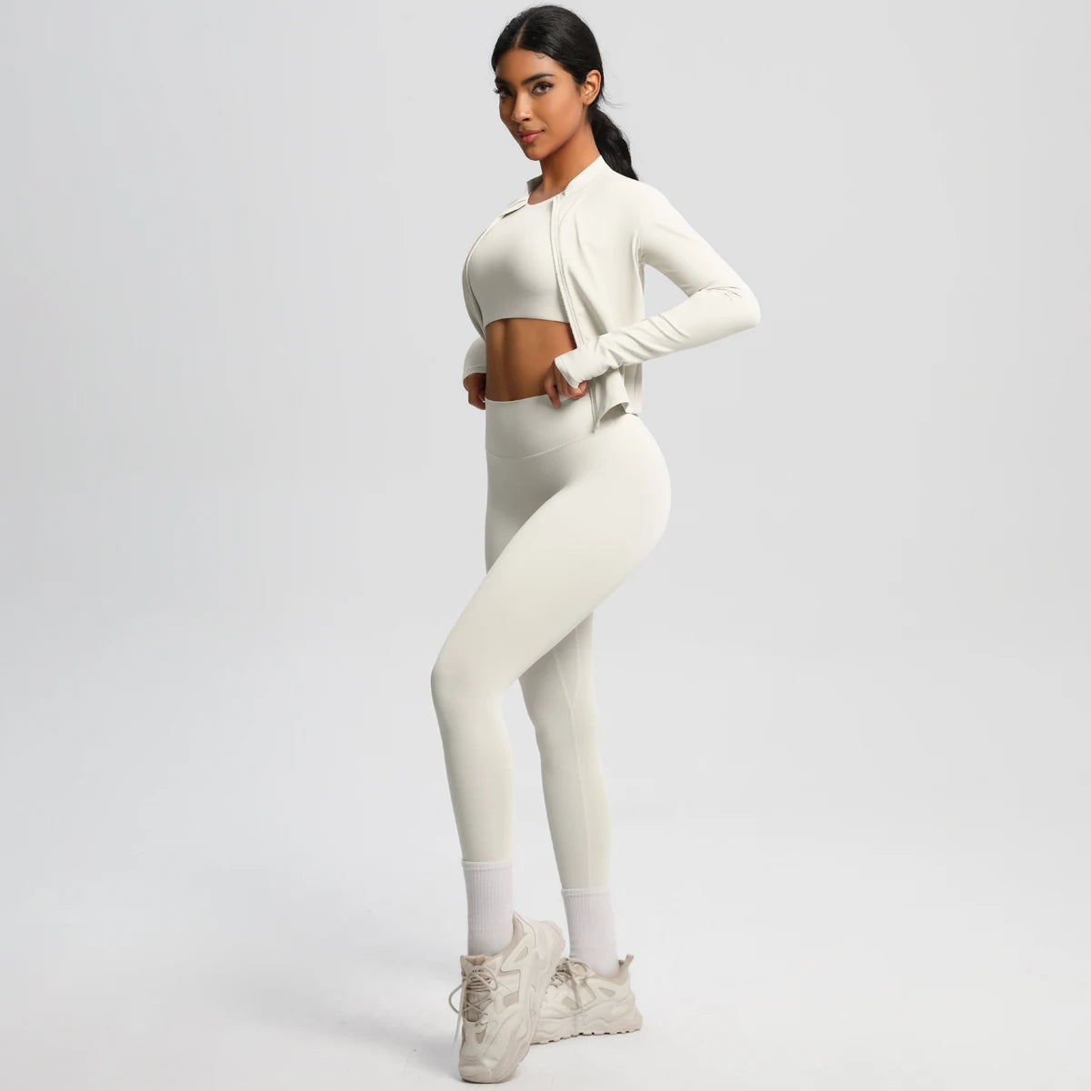 Conjunto de leggings de yoga, top deportivo con cremallera y manga larga, transpirable, para correr al aire libre, pantalones de yoga ajustados e informales, ropa de fitness