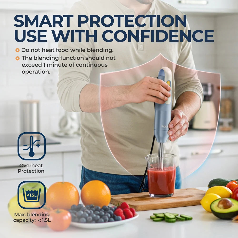 Batidora de mano de inmersión con cuchillas de acero inoxidable para mezclar alimentos en la cocina, azul claro, clásica básica