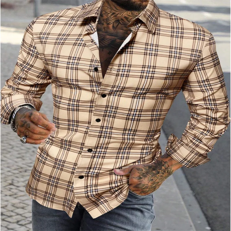 2024 new men's classic striped plaid long-sleeved shirt Men's classic red casual fashion shirt top