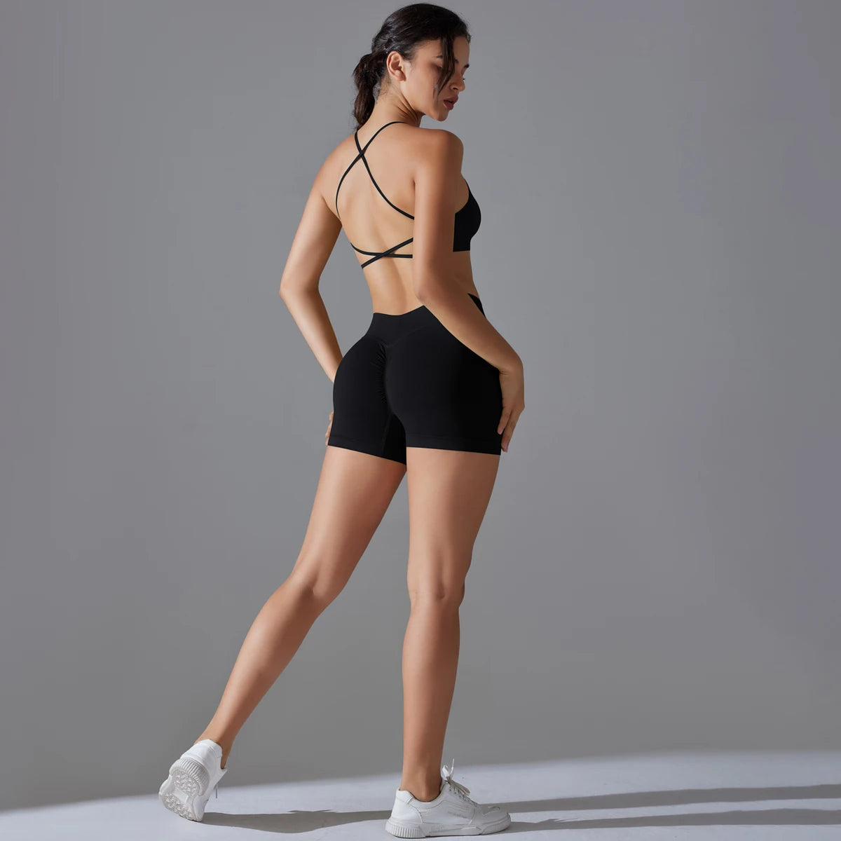 Conjunto deportivo de yoga, mallas de gimnasio de secado rápido, tirantes cruzados con absorción de impactos, pantalones cortos de ciclismo para mujer, entrenamiento de yoga.