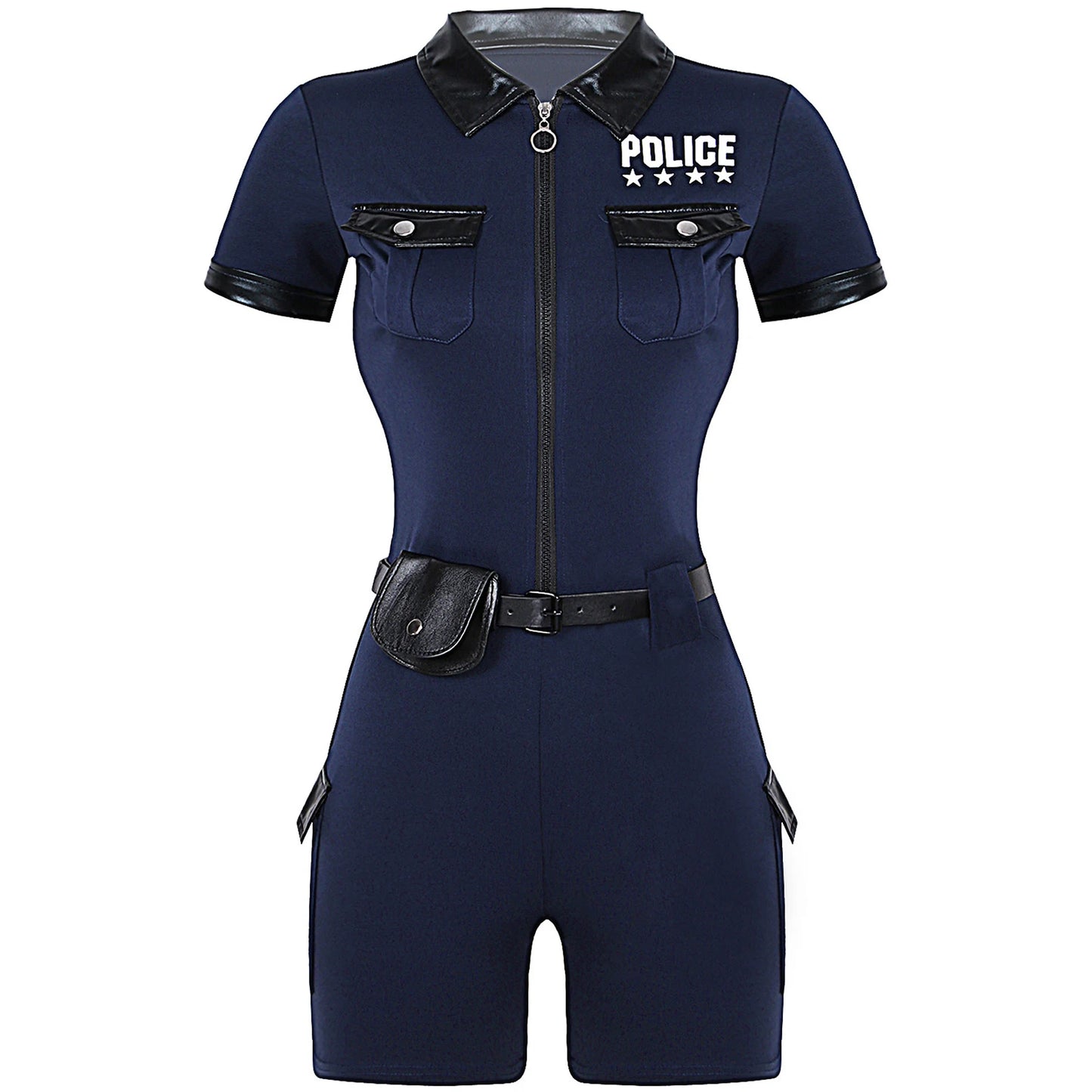 Women Cop Police Uniform Policewoman Cosplay Costume Zipper Short Sleeve Jumpsuit with Belt Purse Hat Halloween Party Clubwear