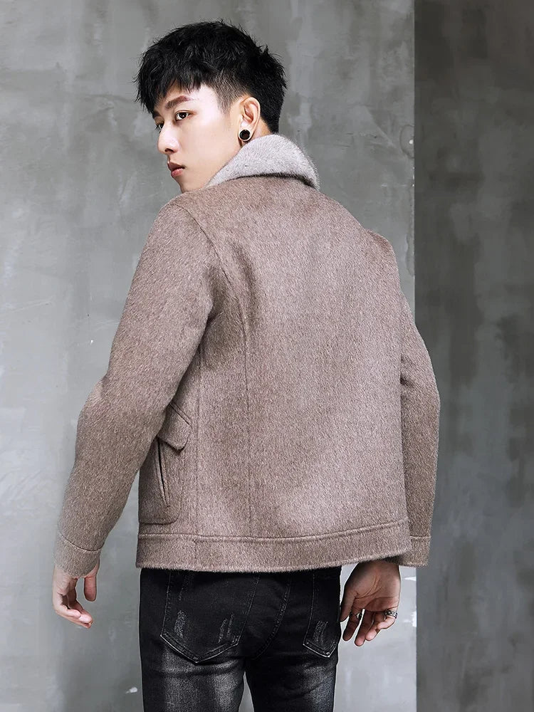 AYUNSUE Spring Autumn Wool Coat Men Double-sided Alpaca Jacket Mink Fur Collar Mens Coats and Jackets Overcoat 1970B KJ3859