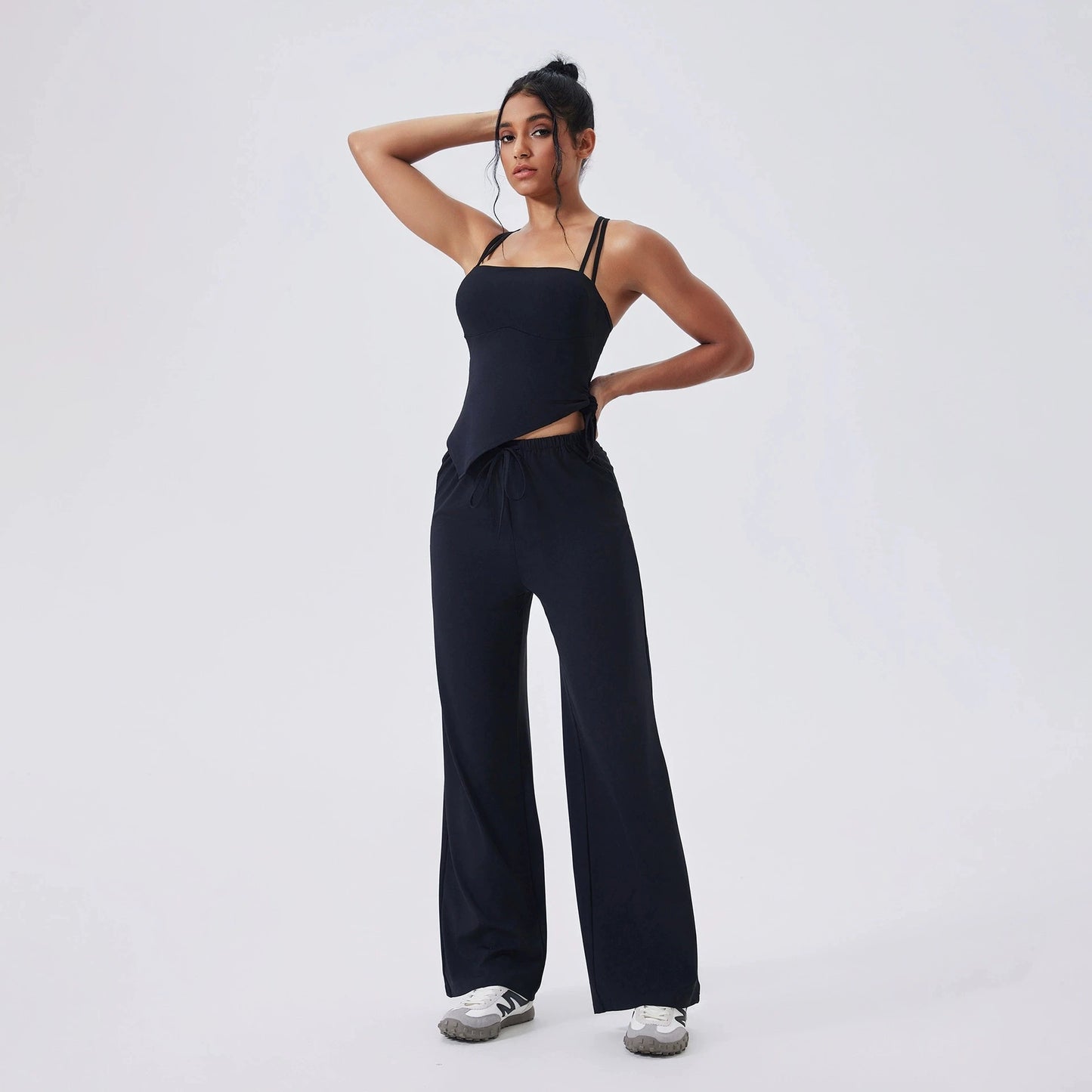Conjunto de yoga de 2 piezas para mujer, camisetas deportivas con lazo lateral, top corto de entrenamiento, conjunto de fitness, leggings de cintura alta para correr y gimnasio