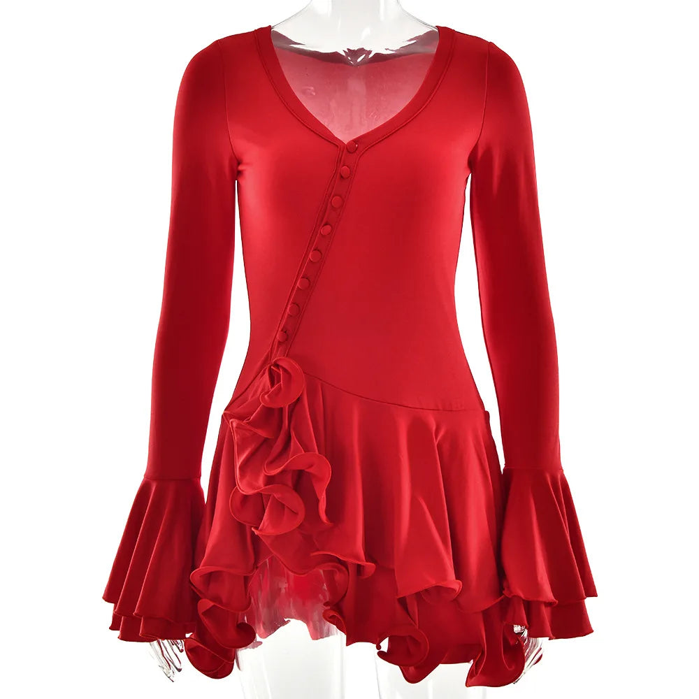 Vestido corto de mujer con volantes, patchwork blanco y negro, manga larga acampanada, encaje y cordones, para fiesta, noche, mini vestido, azul, rosa, rojo.