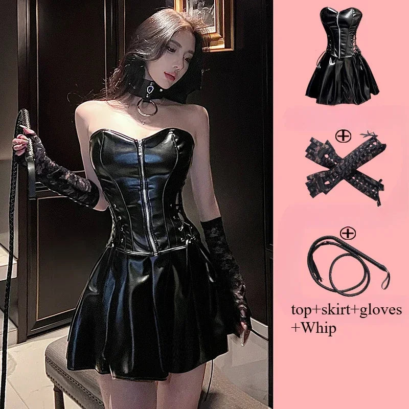 PU Leather Top and Skirt Set Vestido Strapless Top Shiny Hot Dress Tight Package Hip Queen Uniform Sexy Clubwear Cat Girl Set