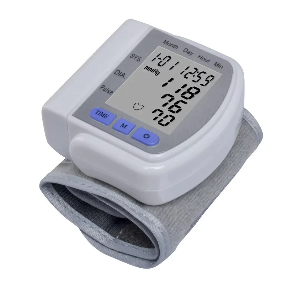Tensiómetro digital de muñeca, tensiómetro automático, tonómetro y monitor de frecuencia cardíaca.