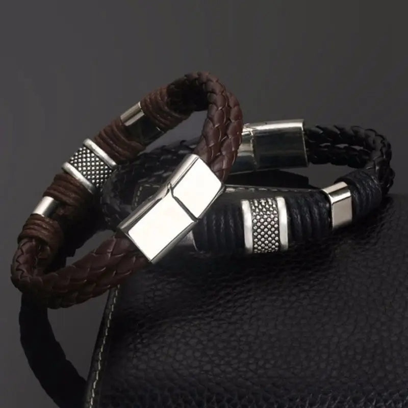 Pulseras vintage de cuero marrón para hombre, brazalete de cuerda trenzada multicapa de acero inoxidable, regalo para marido.