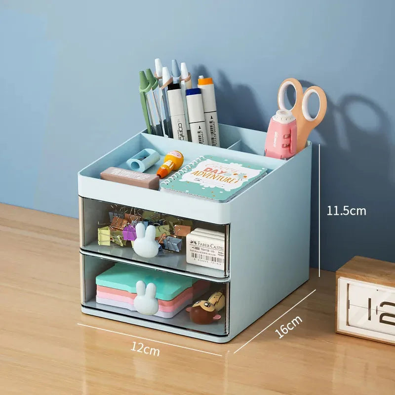 Organizador de escritorio pequeño con cajón, organizador de maquillaje, para tarjetas de presentación, bolígrafos, lápices, teléfono móvil y papelería.