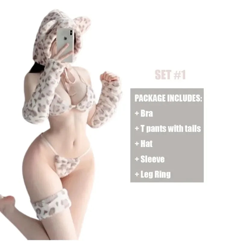 Anime Cute Girl Cosplay Cat Costume Polka Dots Tiger Three-point Plush Suspenders Women Sexy Lingerie Pajamas Cosplay Set