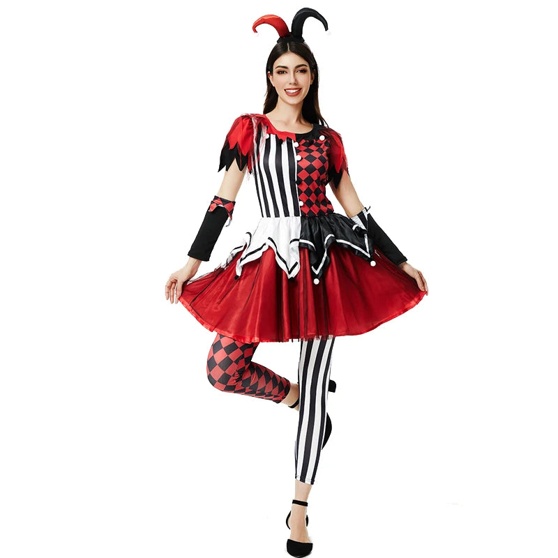 Multiple Lady Circus Clown Costume Crazy Naughty Harlequin Pennywise Roleplay Cosplay Carnival Halloween Fancy Party Dress