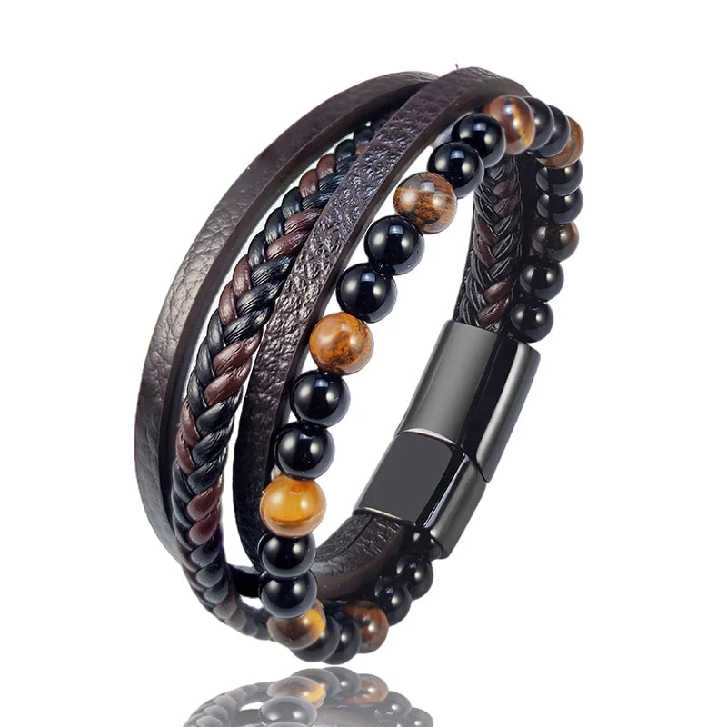 Pulseras de cuentas punk para hombre, estilo clásico, de lapislázuli azul, multicapa, de cuero, joyería, regalo, 2025