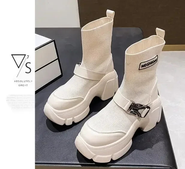 Botines de plataforma alta de 8 cm para mujer, botas cortas con suela gruesa y suela gruesa, antideslizantes, para motocicleta, para otoño