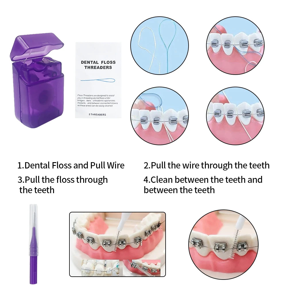 Juego de 8 kits de ortodoncia para dientes, herramienta de blanqueamiento para el cuidado bucal, cera para cepillado interdental, hilo dental, cepillo de dientes, juego de limpieza.