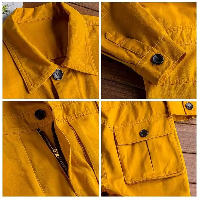 Spring Overalls Men's Jumpsuit Loose Long Sleeve Cotton Cargo Pants Black Yellow Workwear Trousers Working Uniform Rompers