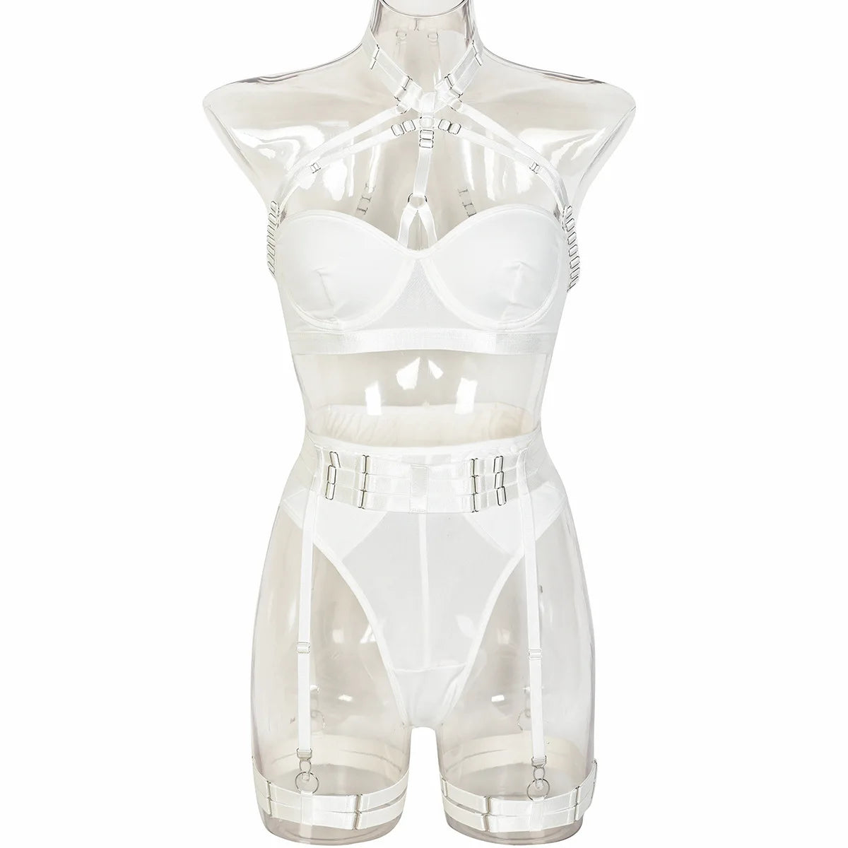 Conjunto de lencería sexy para mujer, con panel de encaje, escote en V profundo, glúteos abiertos, tirantes con forma de corazón de melocotón, cadena cruzada, liguero, ropa interior de tres piezas