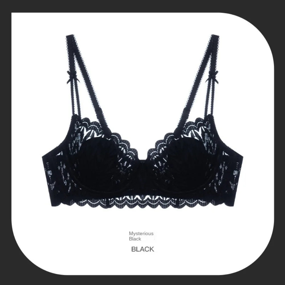 Sujetador de encaje con escote en V profundo y tirantes de lazo, con aro de acero suave, a prueba de golpes, para mujer, con pechos fruncidos, ropa interior push up antiflacidez.