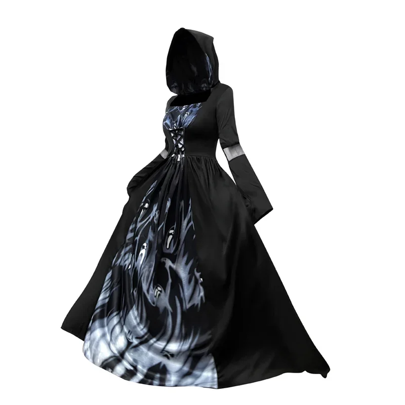Halloween Witch Dress Skeleton Witch Sorcerer Adult Women Cosplay Costume Hood Skirt Stage Performance Modern Dance Wear Outfits