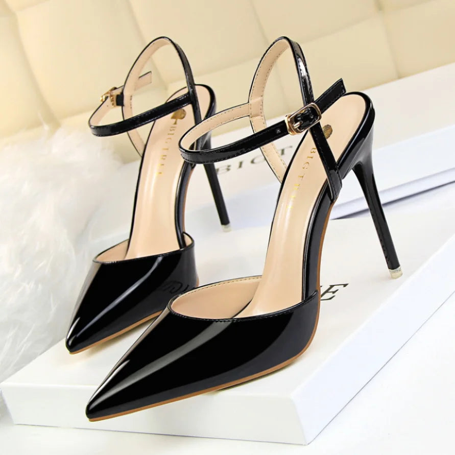 Zapatos de tacón ultraalto, sencillos, delgados, de piel pintada, sexis, para discoteca, con tiras de una palabra, para mujer, 86-1