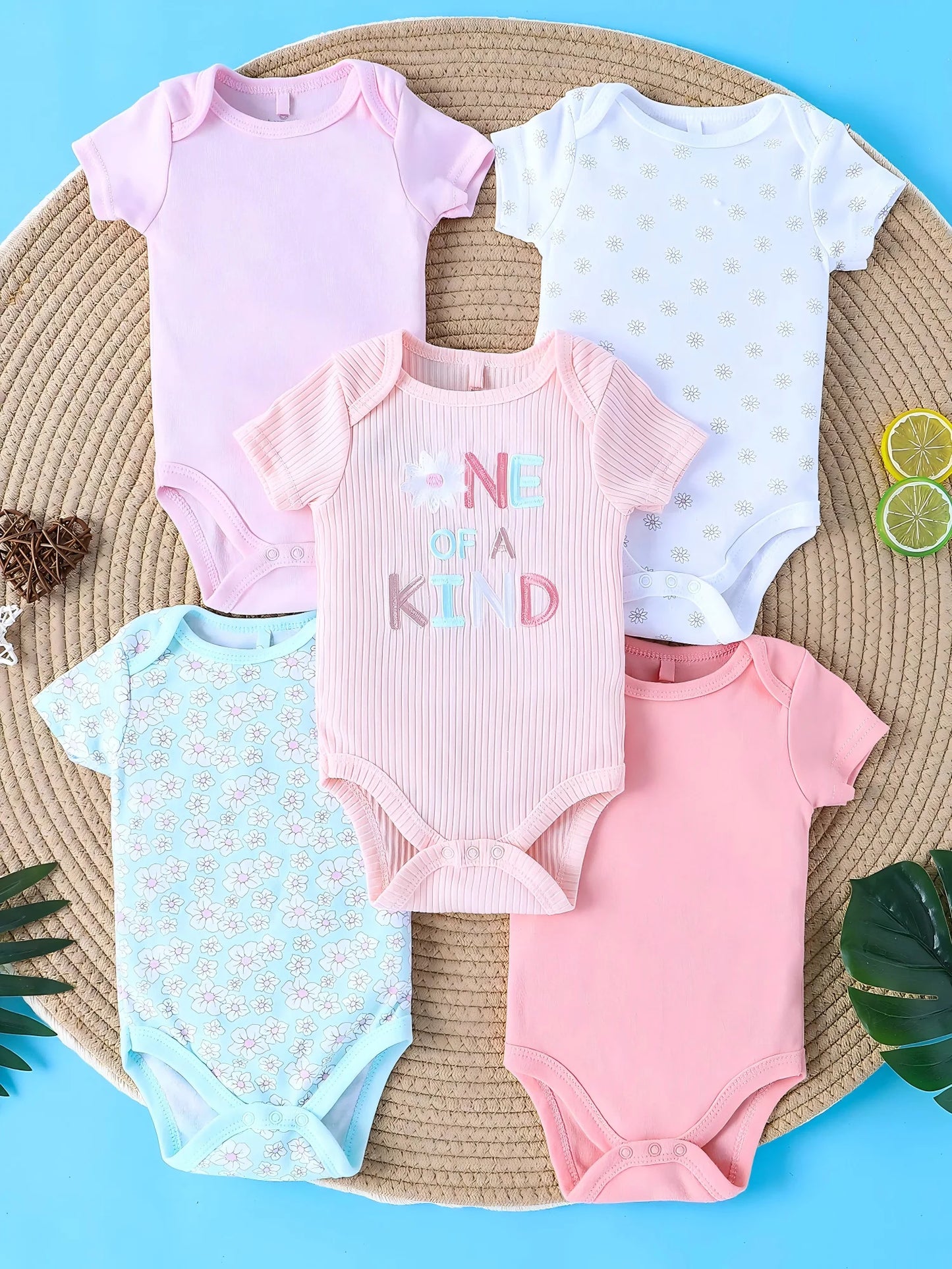 Ropa para bebé niña, 5 piezas, mono de bebé niña, ropa para bebé recién nacida, mono de verano de manga corta, adecuado para 0 a 9 meses