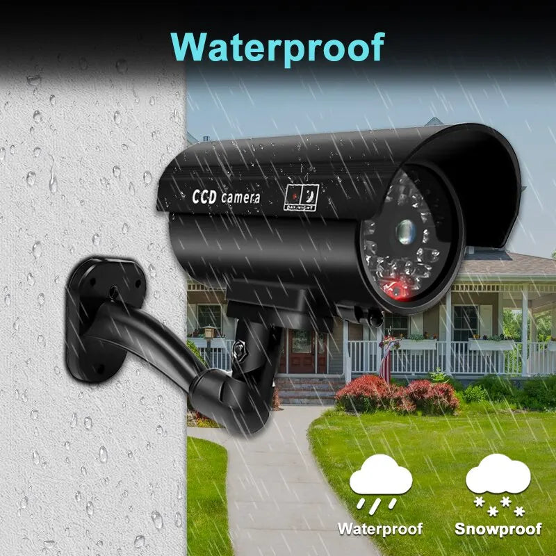 Cámara de seguridad ficticia impermeable para interiores y exteriores, sistema de vigilancia CCTV falso, luces LED rojas intermitentes, sin cableado.