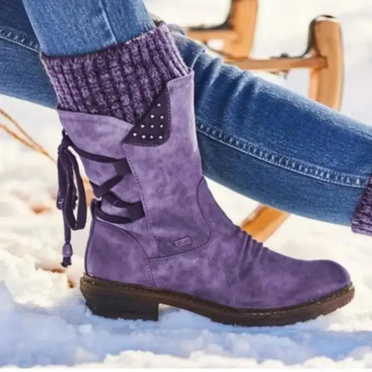Botas de invierno a media pantorrilla para mujer, zapatos de invierno, botas de nieve a la moda para mujer, botas altas de gamuza cálidas 2025