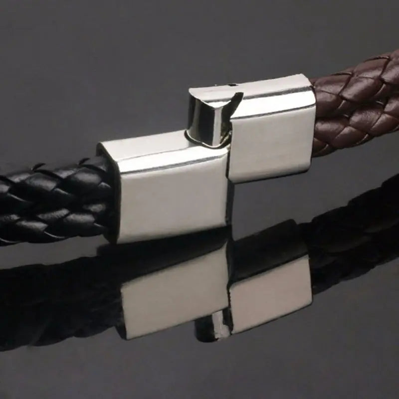 Pulseras vintage de cuero marrón para hombre, brazalete de cuerda trenzada multicapa de acero inoxidable, regalo para marido.