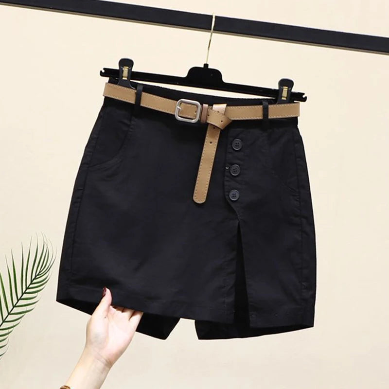 Pantalones cortos elegantes para mujer, con cinturón, botones lisos coreanos, aberturas laterales, estilo urbano, faldas de moda, pantalones holgados elegantes de verano Harajuku