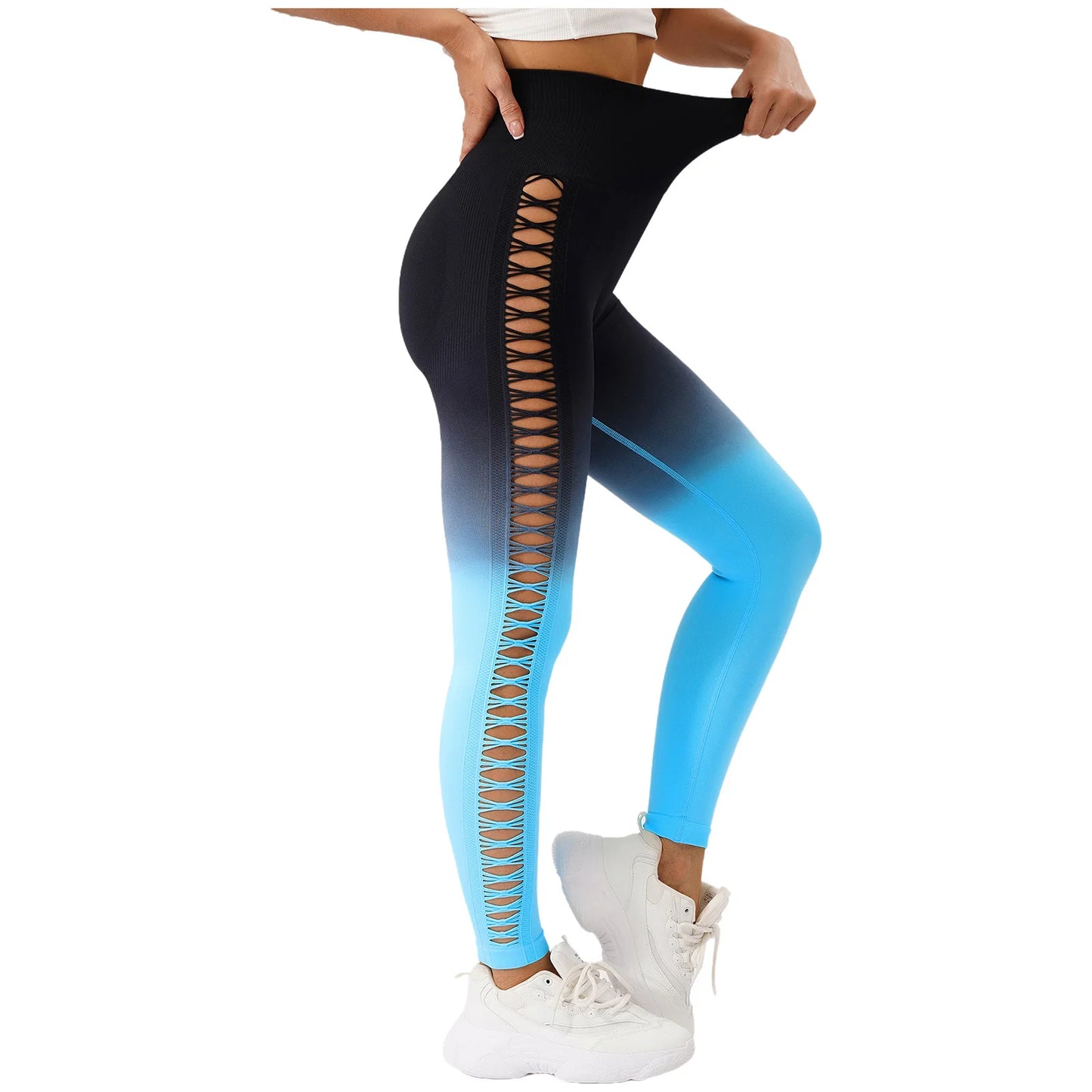 Womens Hip Tight Yoga Pants High Waist Side Hollowed-Out Mesh Design Exercise Yoga Leggings Running Gym Fitness