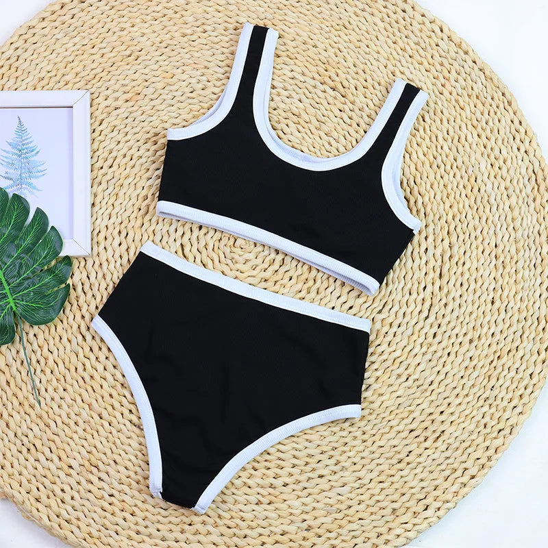 2024 Black and white simple ins style two-piece swimsuit women's small fragrant wind bikini
