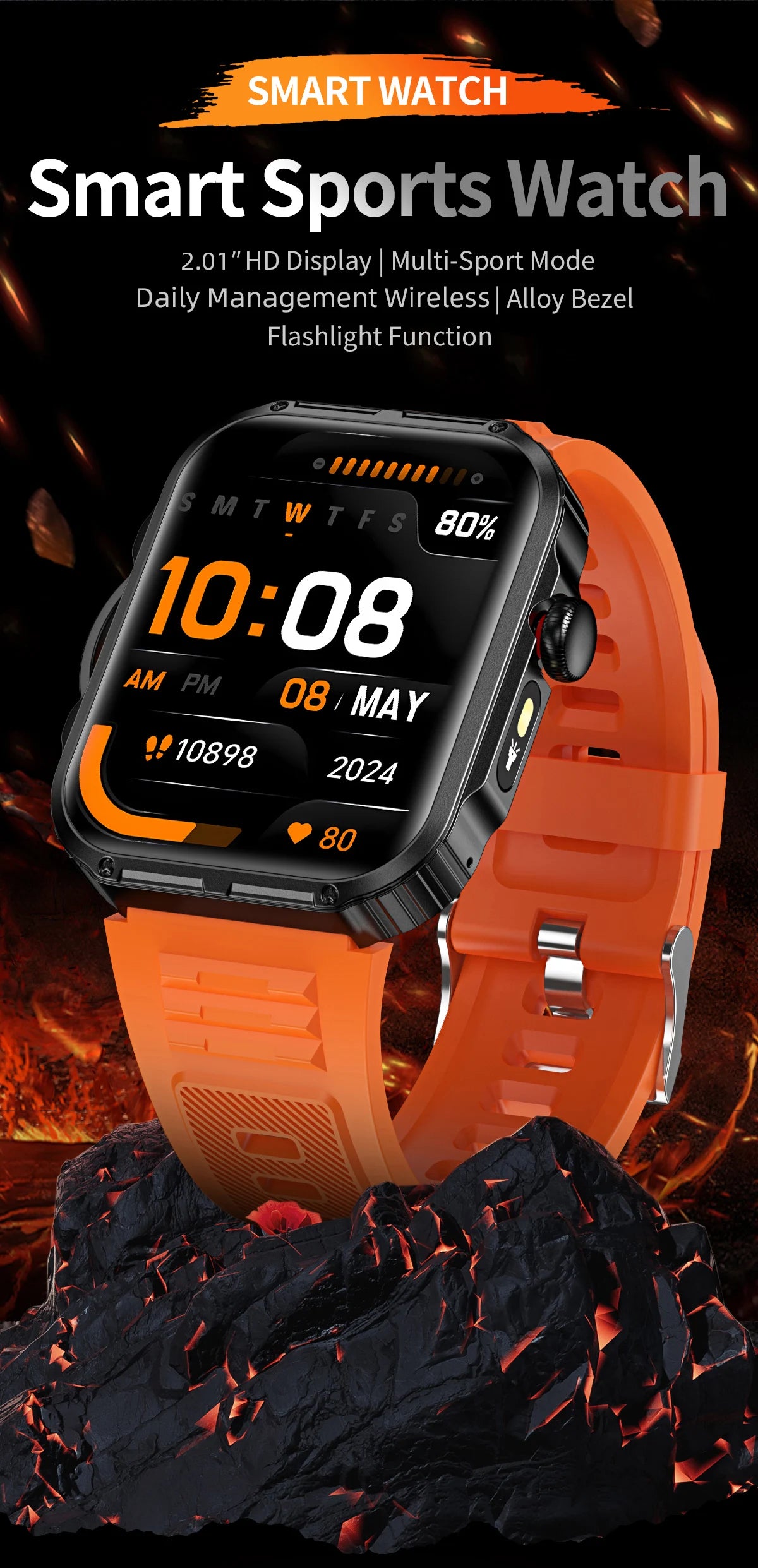 Reloj inteligente de 2,01 pulgadas para hombre y mujer, con linterna LED, control del ritmo cardíaco, para deportes al aire libre y fitness, resistente al agua