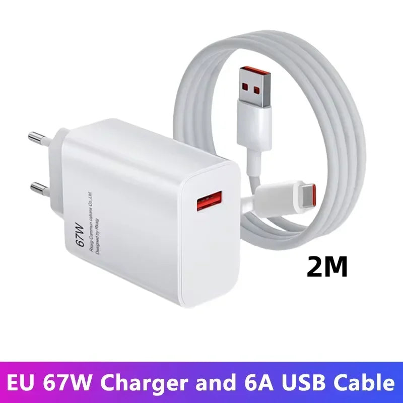 Cargador USB de carga rápida de 67 W con cable tipo C de 6 A para Xiaomi 14 Ultra Pro, Redmi Note 13 Pro, X5, F5 Pro y adaptador de pared para teléfono móvil.