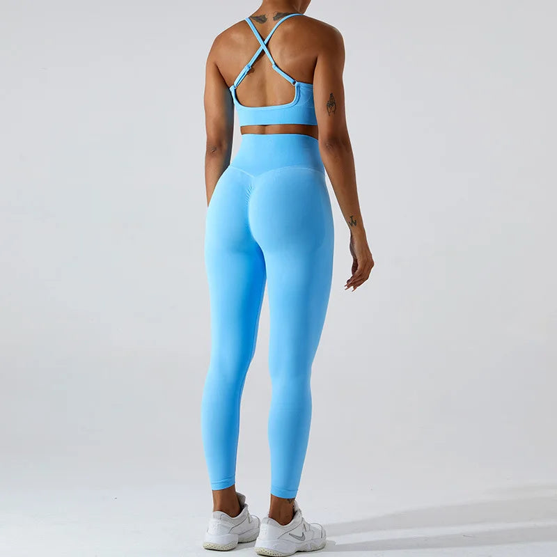 Conjunto de yoga de dos piezas para mujer, sujetador deportivo con espalda cruzada de color liso, top color miel melocotón, leggings de secado rápido para realce de cadera, traje deportivo de fitness