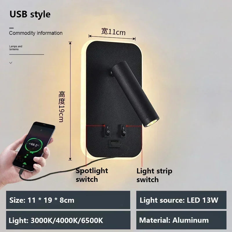 Lámpara de pared LED, luz de lectura, dormitorio, teléfono, carga inalámbrica, carga USB, luces de pared giratorias, lámpara de lado para sala de estar
