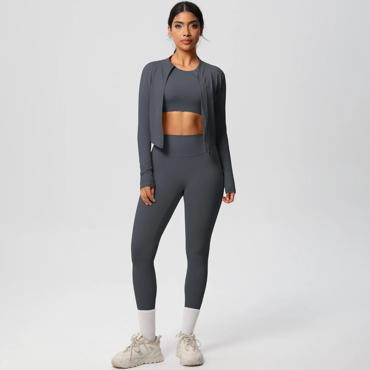 Conjunto de leggings de yoga, top deportivo con cremallera y manga larga, transpirable, para correr al aire libre, pantalones de yoga ajustados e informales, ropa de fitness