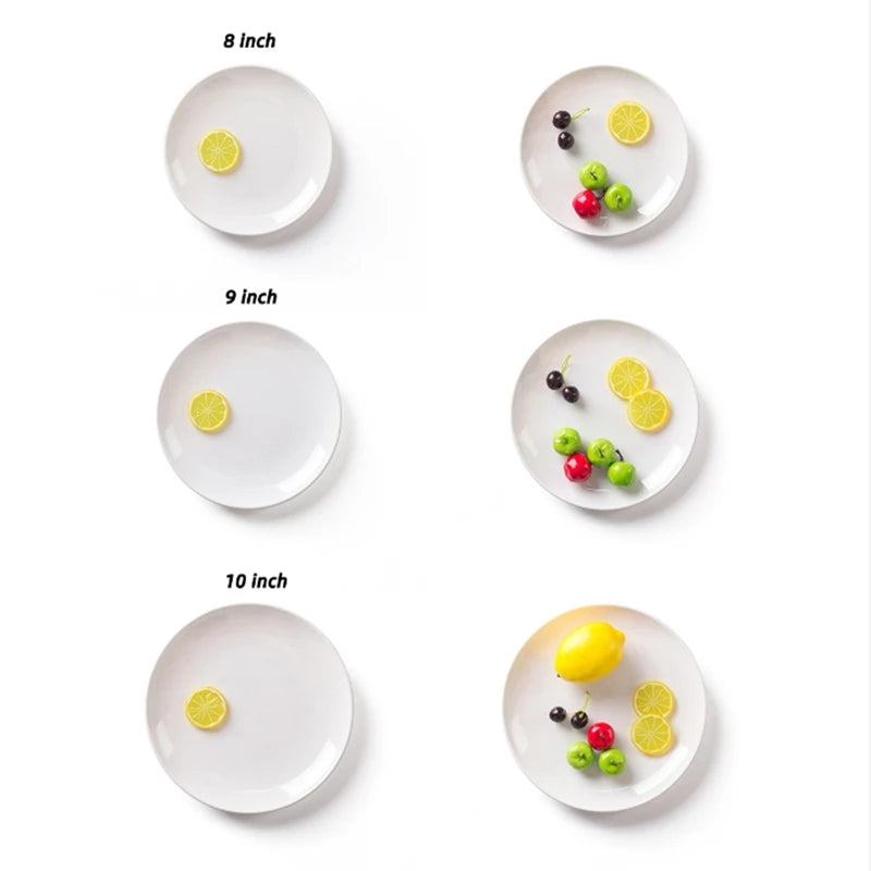 Plato redondo de melamina blanca de 8-14 pulgadas para cena, bandejas para carne estilo occidental, vajilla de hueso para postre, platos de plástico de imitación de porcelana.