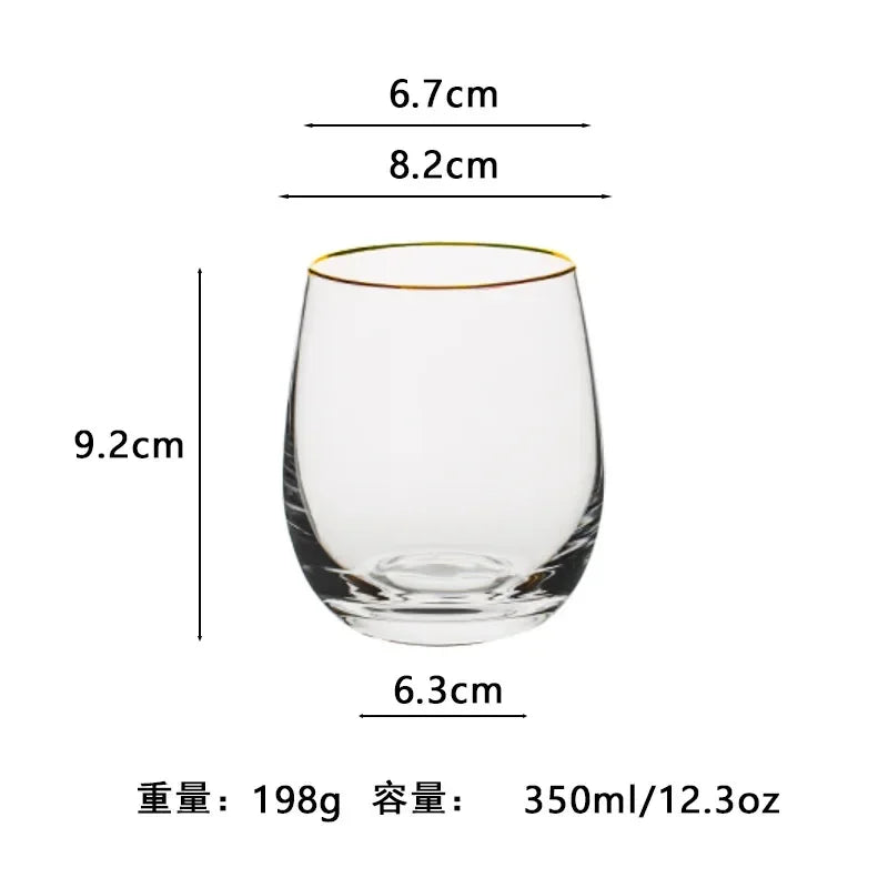 Vaso de agua redondo transparente de vidrio de alta calidad, colorido, con forma de huevo, resistente al calor, con borde dorado, para jugo, para uso doméstico.