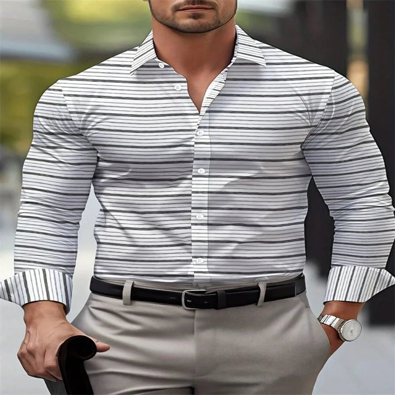 2024 new men's classic striped plaid long-sleeved shirt Men's classic red casual fashion shirt top