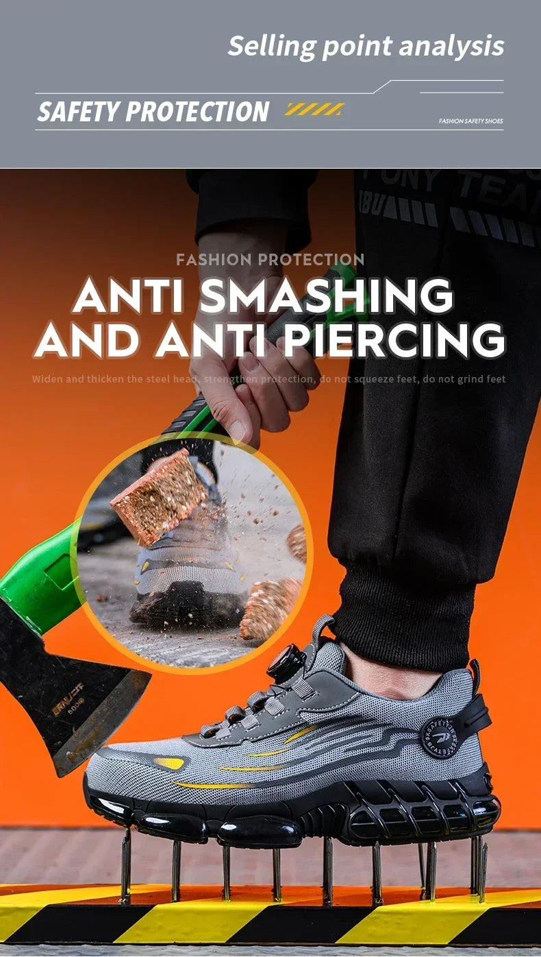 Zapatos de seguridad con botón giratorio para hombre, calzado de trabajo antigolpes y antiperforación, calzado deportivo de moda, botas protectoras de seguridad.