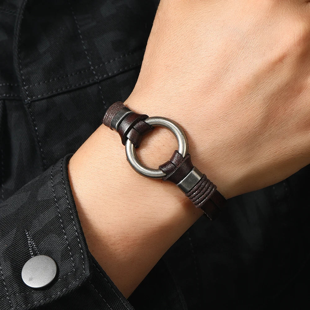 Pulsera de cuero genuino hecha a mano para hombres y mujeres, pulsera sencilla