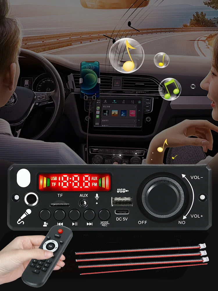 Módulo amplificador de 6 W para radio FM de coche, micrófono, grabación, compatible con Bluetooth 5.0, reproductor de MP3, llamadas manos libres, placa de audio MP3 y WMA.