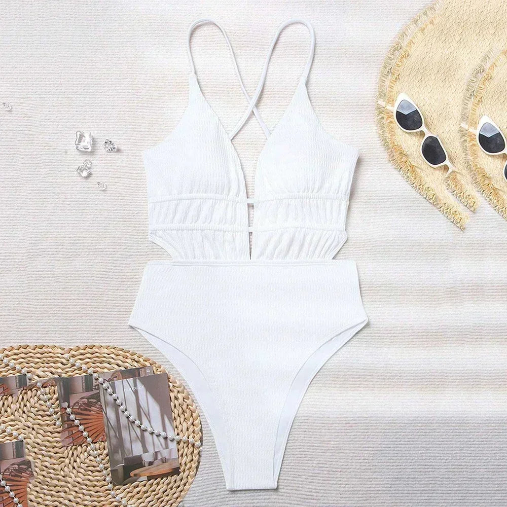 Traje de baño de una pieza sexy de canalé negro sin espalda para mujer 2025, traje de baño cruzado con tiras, traje de baño para bañistas.