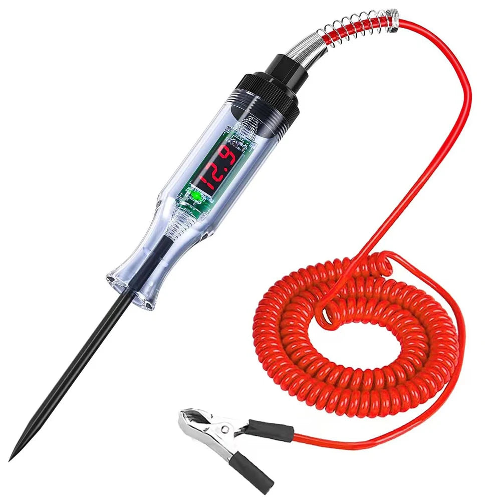 Probador de circuito automotriz con luz de prueba, 3-48 V CC, pantalla LCD digital, cable de resorte prolongador para sedán, SUV, RV, camión y cortadora de césped.