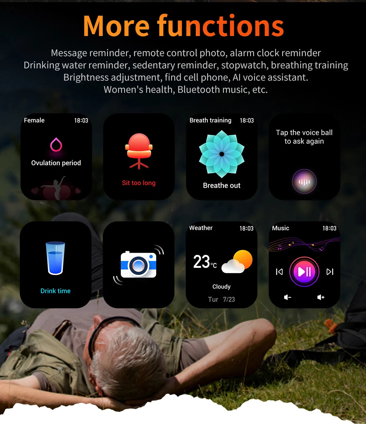 Reloj inteligente de 2,01 pulgadas para hombre y mujer, con linterna LED, control del ritmo cardíaco, para deportes al aire libre y fitness, resistente al agua