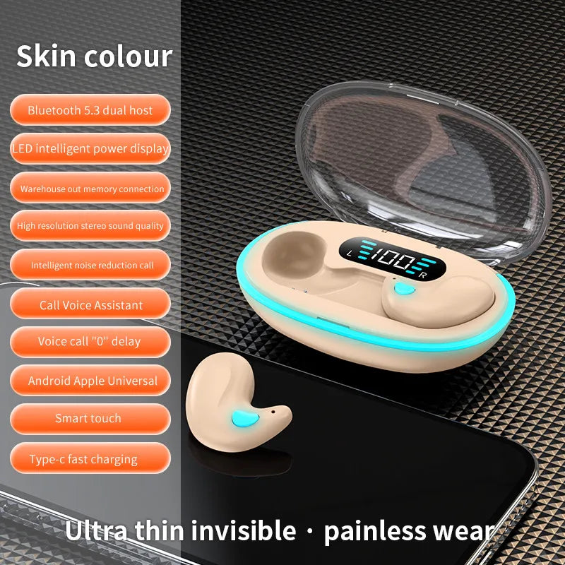 Mini auriculares invisibles para dormir TWS inalámbricos Bluetooth 5.3 con reducción de ruido oculta, auriculares estéreo deportivos