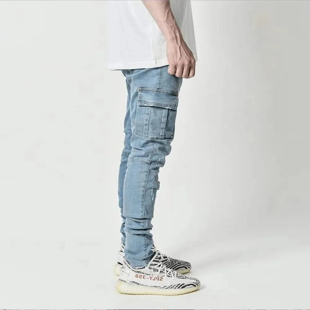 Pantalones vaqueros elásticos de calle para hombre, pantalones cargo de mezclilla lavados, de color sólido, con múltiples bolsillos, pantalones casuales de cintura media, ajustados, para uso diario, para correr