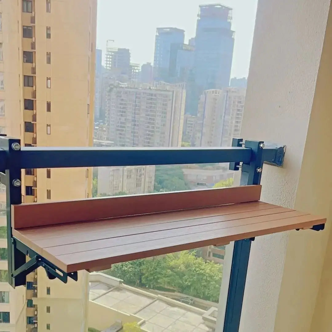 Mesa de bar plegable de metal de imitación madera para exteriores, sencilla, con barandilla colgante, ideal para estudiar, tomar el té de la tarde, tomar café o aperitivos, para jardín y balcón.