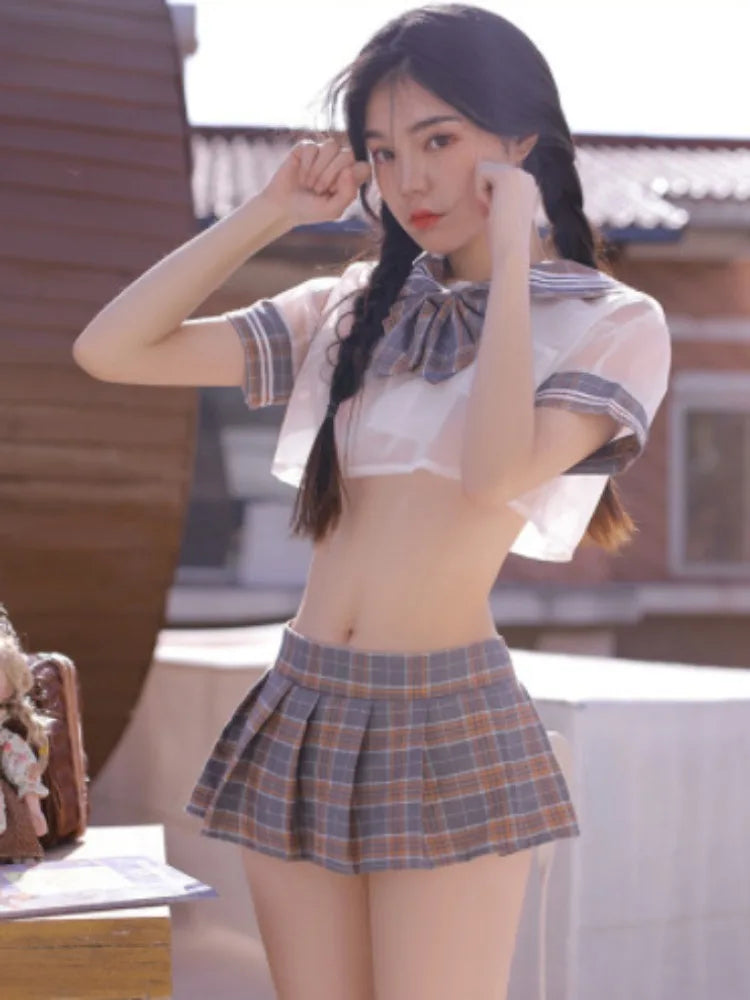 Role Play Student Cosplay Sexy Set Lingerie Full Set Plaid Skirt Female Underwear 6-Piece Youth Lingerie Accessories Sexy Girl